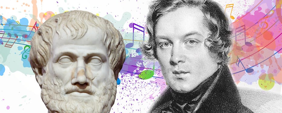 Aristotle and Schumann with a background of musical notes