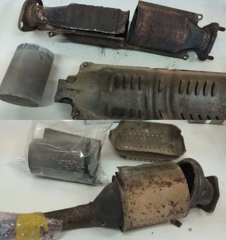 Two catalytic converters are shown in various states of disassembly, showing the use of platinum-group metals